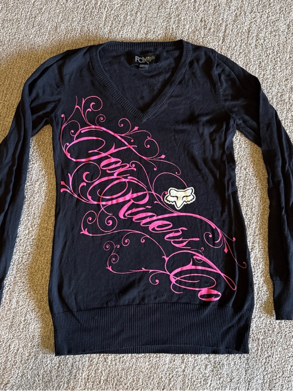 Fox Black V-Neck Sweater with Pink Script